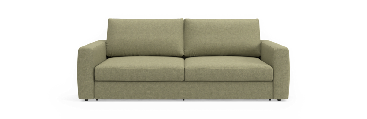 Tosæders sofa i salviegrønt stof med lige armlæn, frontvisning, fritlagt.