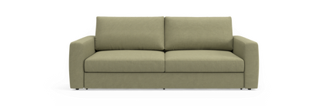 Tosæders sofa i salviegrønt stof med lige armlæn, frontvisning, fritlagt.
