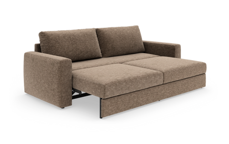 Brun sovesofa i stof med udfoldet liggeflade, to rygpuder og lige armlæn.