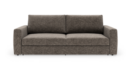 Brungrå tresæders sofa med lige armlæn, frontvisning mod hvid baggrund.