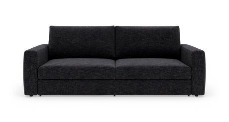 Mørkegrå tresæders stofsofa med lige armlæn, to sædehynder og to ryghynder, fotograferet forfra på hvid studiebaggrund.