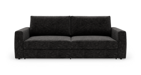 Mørkegrå tresæders sofa med brede, lige armlæn og to sæde- og ryghynder, fritlagt på hvid baggrund.