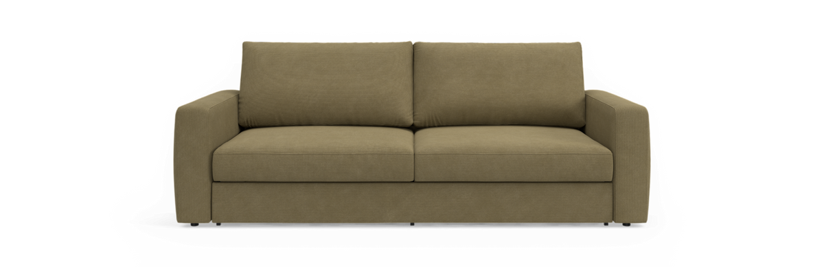 Forfra af en moderne 2-personers sofa i olivengrøn fløjl på sort baggrund.