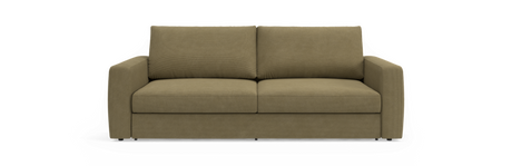 Forfra af en moderne 2-personers sofa i olivengrøn fløjl på sort baggrund.