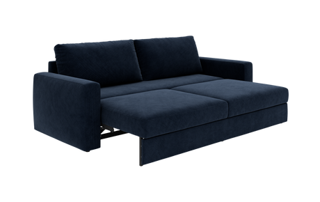 Mørkeblå sovesofa udslået med brede armlæn og to ryghynder, set i studie fra skrå front.