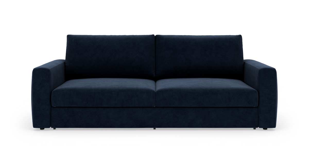Mørkeblå sofa set forfra på hvid baggrund.