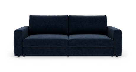 Mørkeblå sofa set forfra på hvid baggrund.