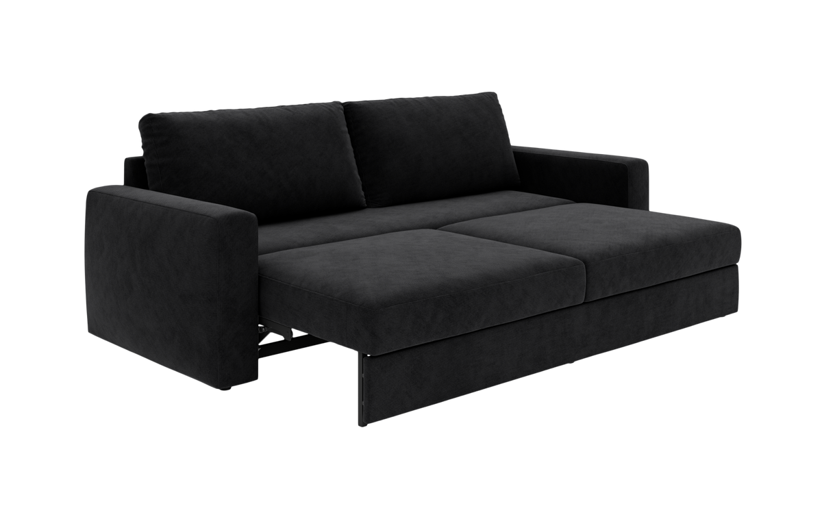 Sort sovesofa i udslået position set i frontvinkel.