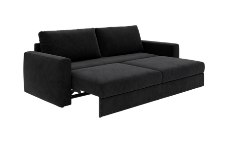 Sort sovesofa i udslået position set i frontvinkel.