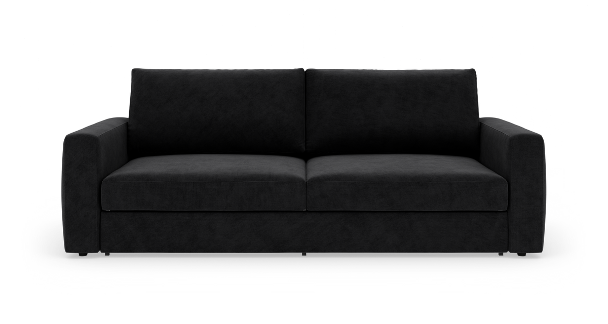 Sort 3-personers sofa med to sædehynder og lige armlæn, frilagt mod hvid baggrund, set forfra.