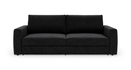 Sort 3-personers sofa med to sædehynder og lige armlæn, frilagt mod hvid baggrund, set forfra.