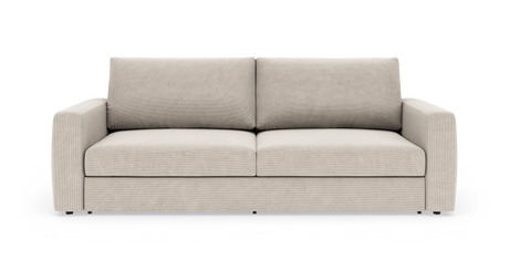 Beige stofsofa med lige armlæn set forfra på hvid baggrund.