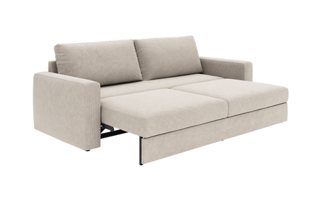 Beige sovesofa i stof, trukket ud som seng med to ryghynder og lige armlæn.