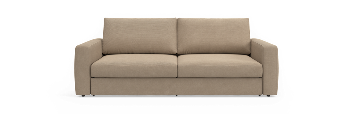 Beige 2-personers sofa med riflet betræk og lige armlæn, frontvisning på frilagt baggrund.