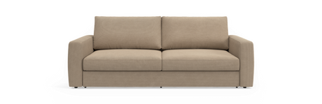 Beige 2-personers sofa med riflet betræk og lige armlæn, frontvisning på frilagt baggrund.