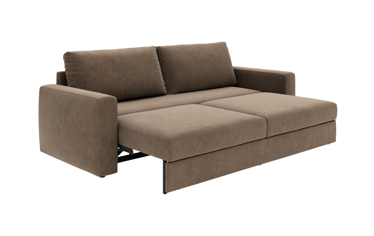 Brun stof-sofabed trukket ud til soveposition.