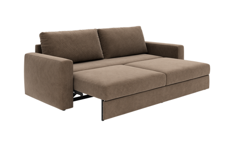Brun stof-sofabed trukket ud til soveposition.