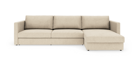 Beige hjørnesofa med chaiselong til højre på hvid baggrund.