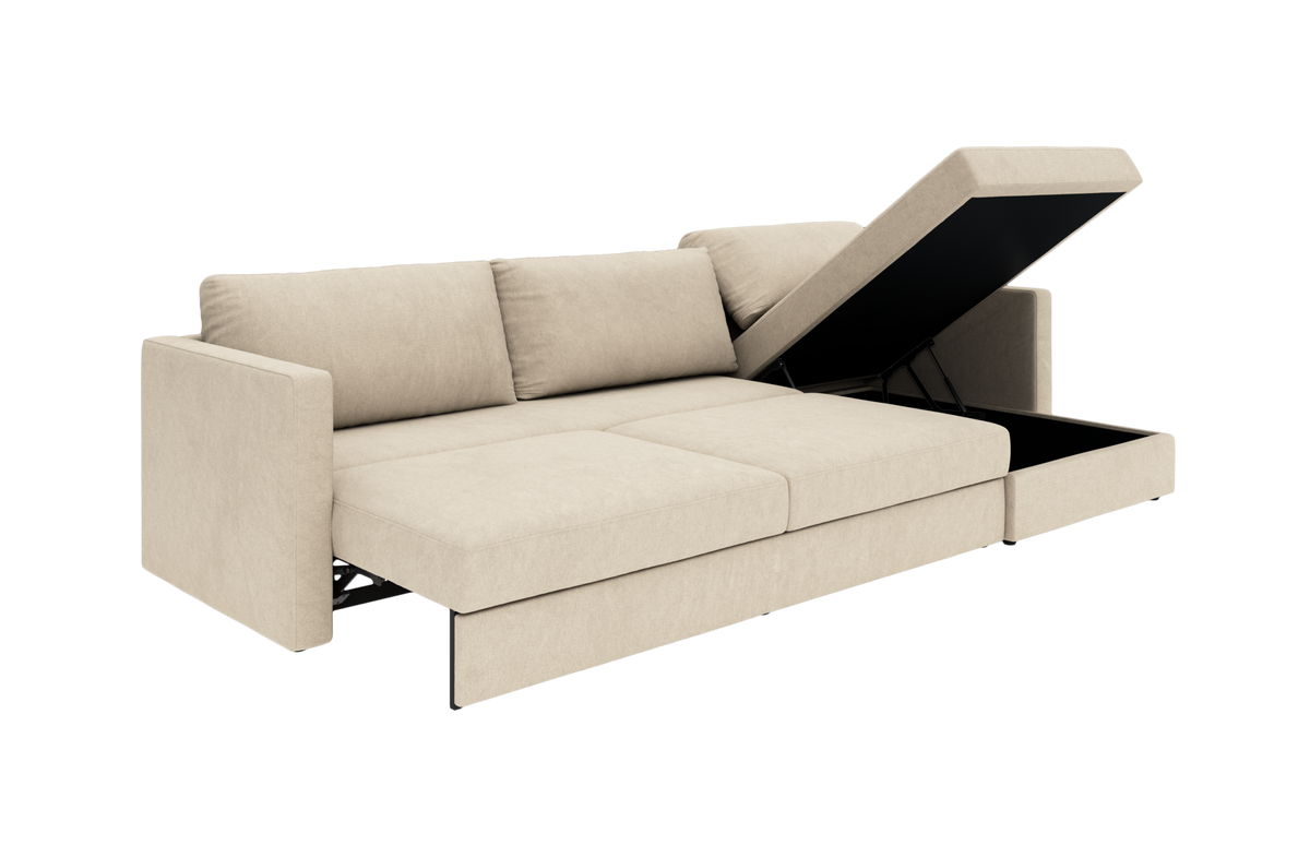 Beige sovesofa med åbnebar chaiselong med opbevaring, frilagt mod hvid baggrund.