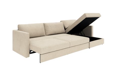 Beige sovesofa med åbnebar chaiselong med opbevaring, frilagt mod hvid baggrund.