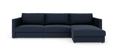 Mørkeblå hjørnesofa med chaiselong til højre, enkel og moderne, fotograferet i studie.