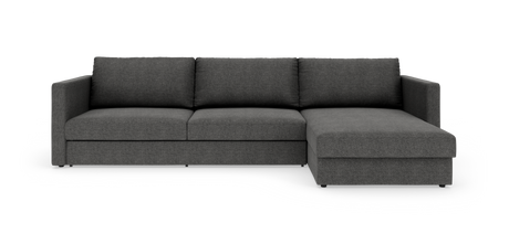 Mørkegrå hjørnesofa med chaiselong til højre, frilagt mod hvid baggrund.