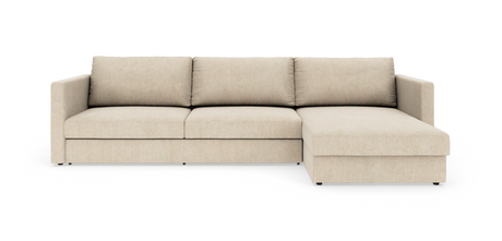 Beigefarvet L‑sofa med chaiselong på højre side, frilagt på hvid baggrund.