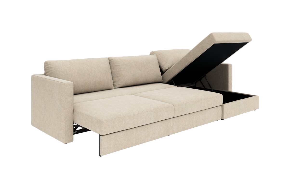 Beige modulsofa med åbnebar chaiselong og integreret opbevaring, fritlagt.