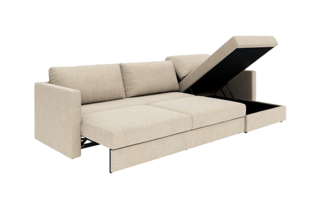 Beige modulsofa med åbnebar chaiselong og integreret opbevaring, fritlagt.