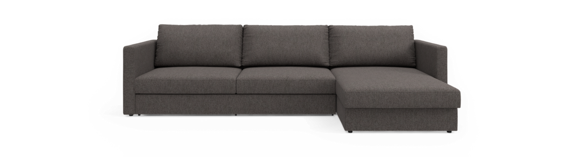 Mørkegrå hjørnesofa med chaiselong på højre side, frilagt frontvisning.