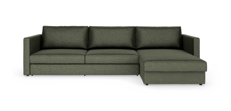 Grøn hjørnesofa med chaiselong til højre, frilagt på hvid baggrund.