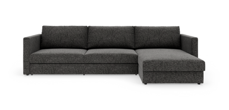 Mørkegrå hjørnesofa med chaiselong til højre på hvid baggrund.