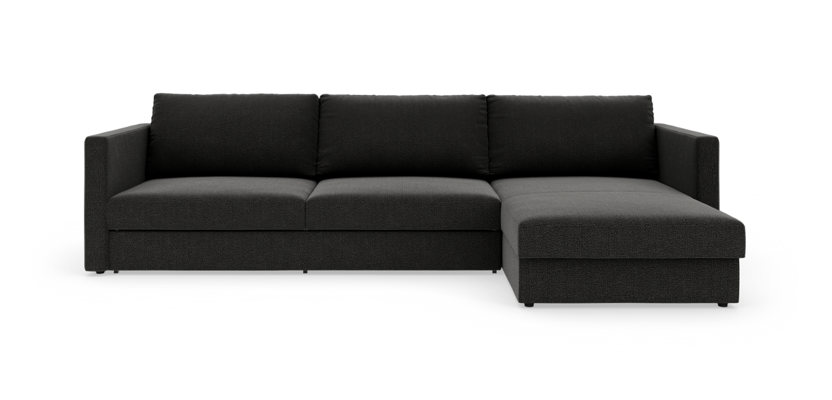 Mørkegrå hjørnesofa med chaiselong til højre, frilagt på hvid baggrund.