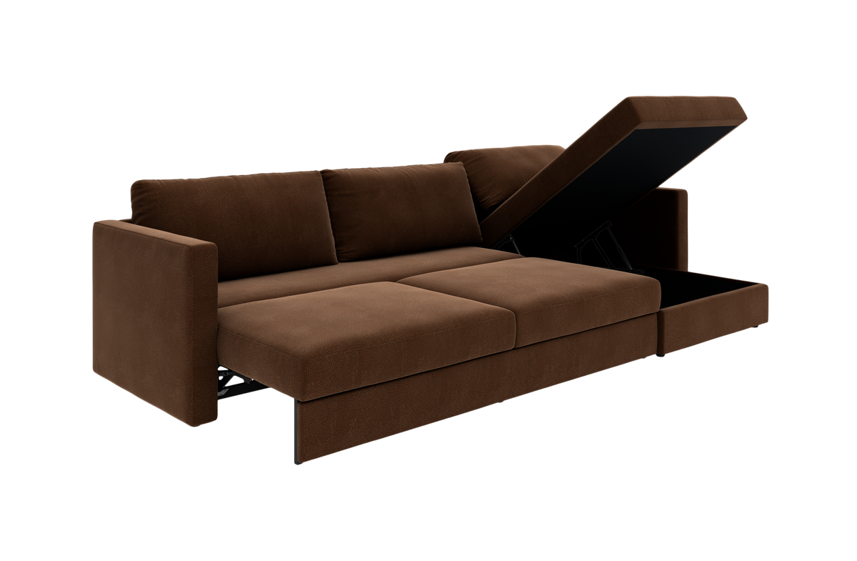 Brun sovesofa med opbevaring i chaiselong, vist i åben position på hvid baggrund.