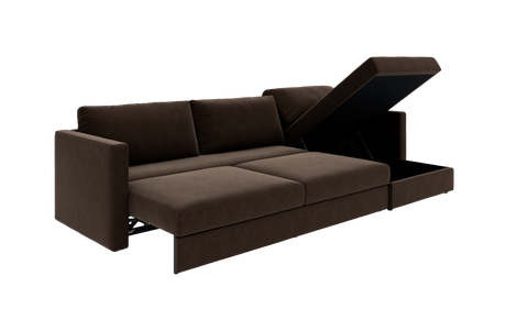 Brun modulsofa med sovefunktion og åbnebar chaiselong med opbevaring, fritlagt mod hvid baggrund.