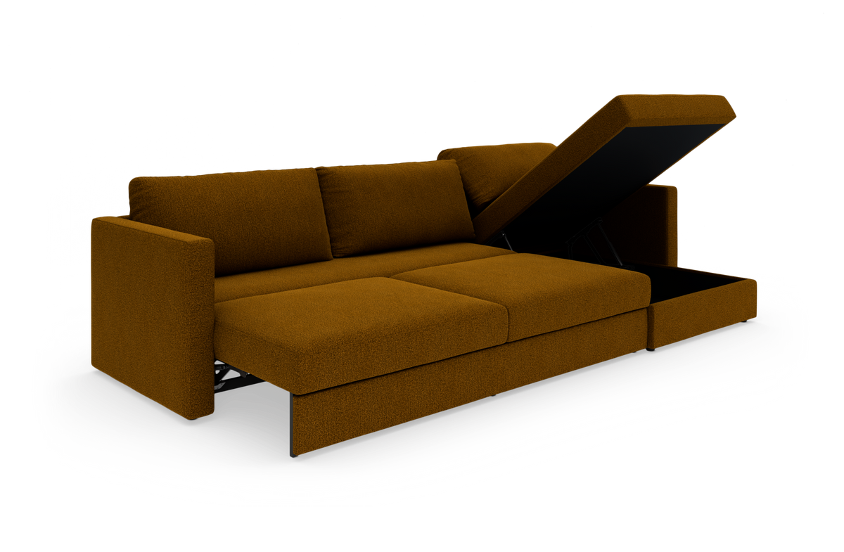 Brun modulsofa med opklappelig chaiselong og integreret opbevaring, fotograferet i studie.