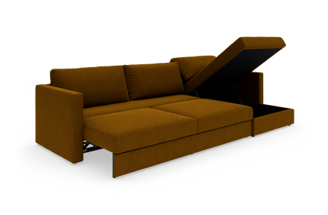 Brun modulsofa med opklappelig chaiselong og integreret opbevaring, fotograferet i studie.