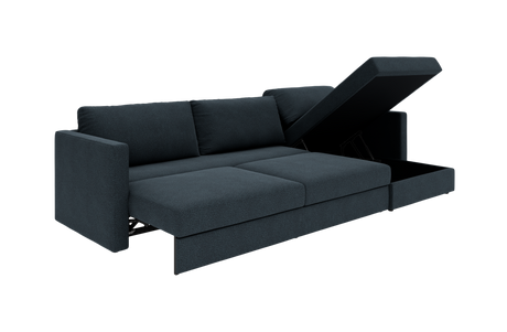 Mørkeblå sovesofa med åbnbar chaiselong og integreret opbevaring, frilagt på hvid baggrund.