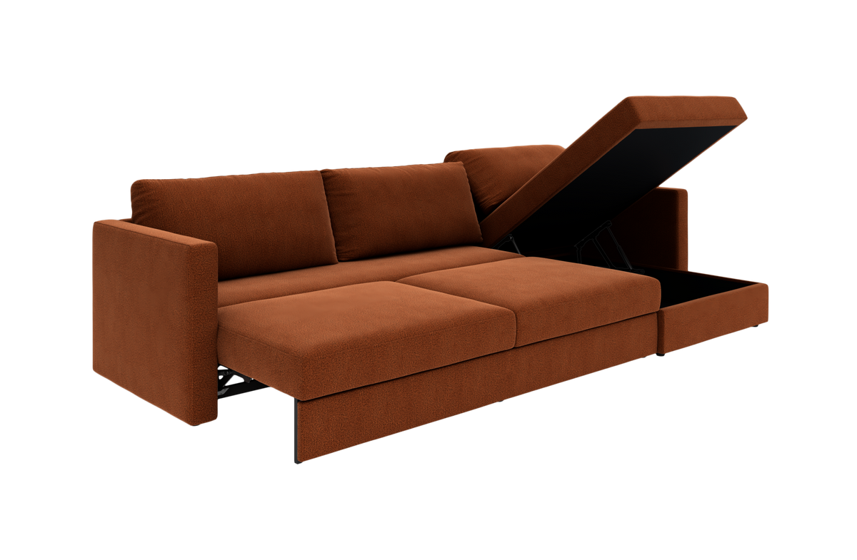 Rustbrun sovesofa med opklappelig opbevaring i chaiselongen, moderne og enkelt design.