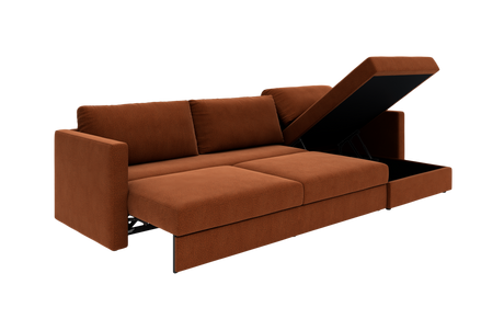 Rustbrun sovesofa med opklappelig opbevaring i chaiselongen, moderne og enkelt design.
