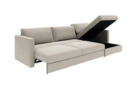 Beige sovesofa med åben chaiselong og integreret opbevaring, frilagt i skrå frontvinkel.