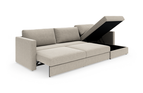 Beige sovesofa med løftbar chaiselong og opbevaringsrum, frilagt studiobillede i skrå frontvinkel.