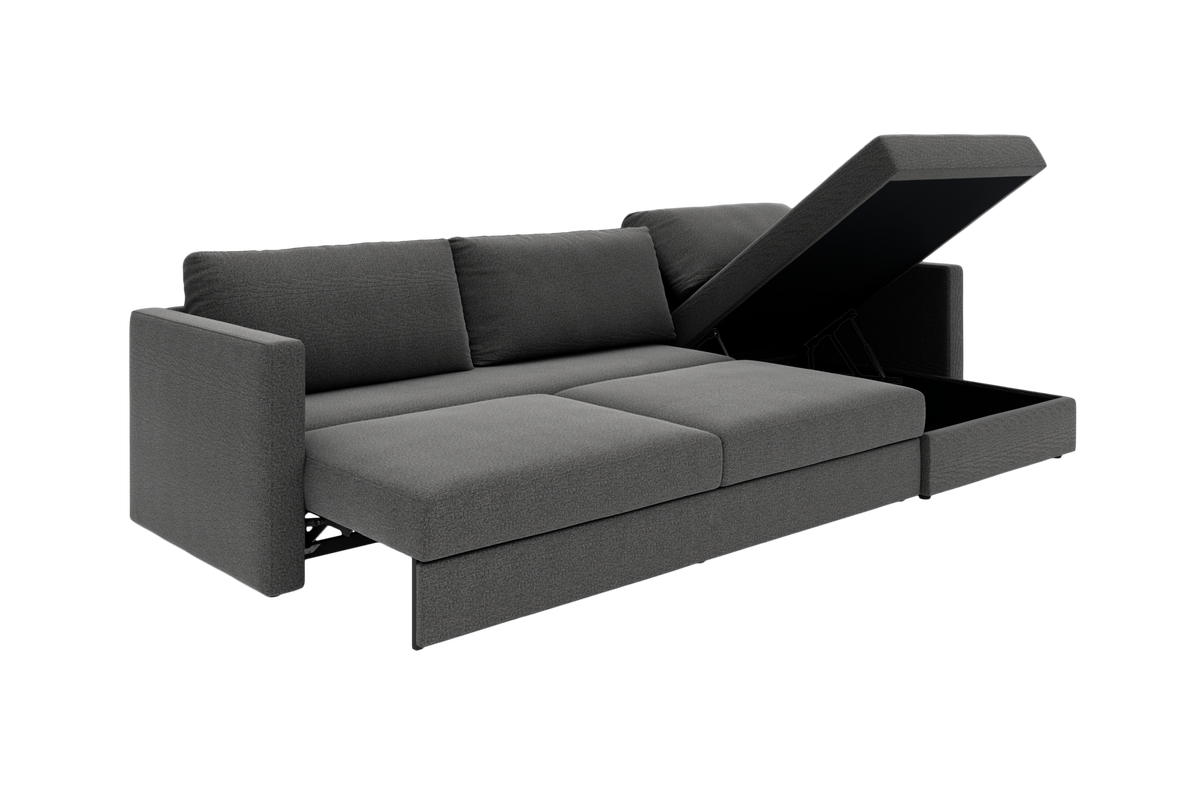 Mørkegrå 3-personers sofa med chaiselong og åben opbevaring i sædet, frilagt produktfoto i vinkel.