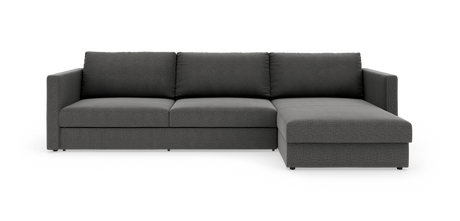 Mørkegrå L‑sofa med højre chaiselong, fotograferet i studie på hvid baggrund.