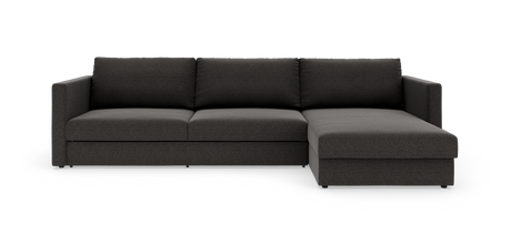 Mørkegrå hjørnesofa med chaiselong til højre, frilagt på hvid baggrund.
