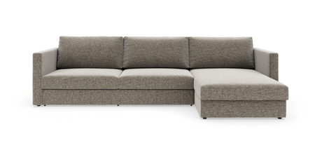 Modulsofa i grå‑beige stof med højre chaiselong, frilagt på hvid baggrund.