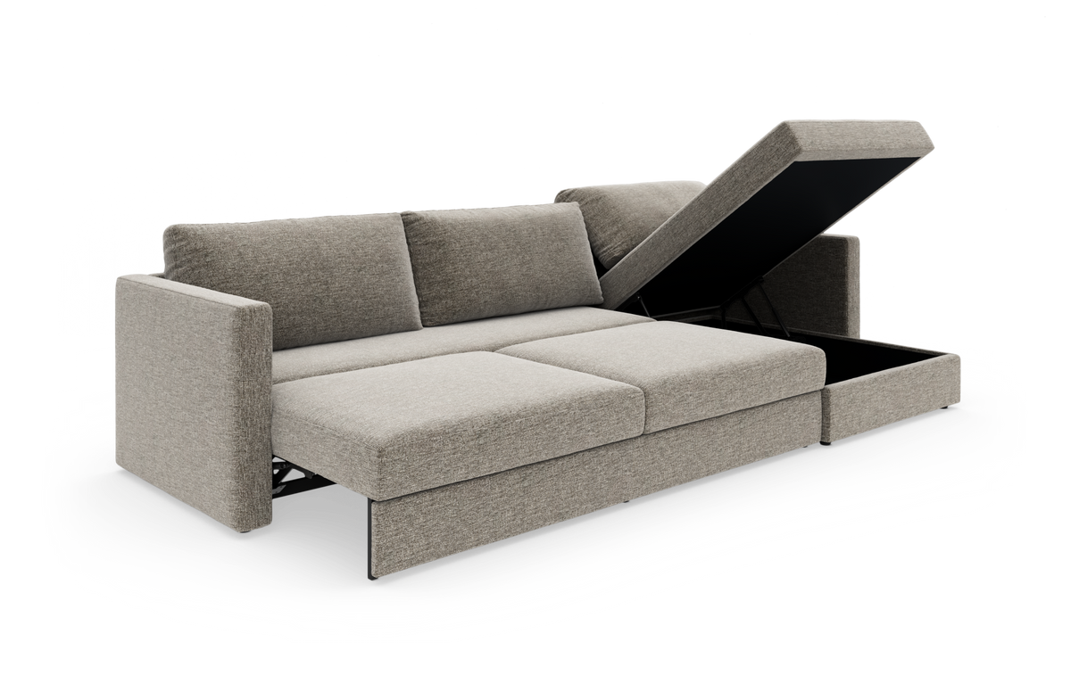 Beige modulsofa med udtræks-sovefunktion og løftbar chaiselong med opbevaring, fritlagt på hvid baggrund.