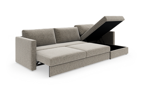 Beige modulsofa med udtræks-sovefunktion og løftbar chaiselong med opbevaring, fritlagt på hvid baggrund.