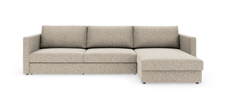 Beige hjørnesofa med chaiselong til højre i moderne, enkel stil.