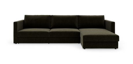 Mørkegrøn hjørnesofa med chaiselong til højre i et moderne, enkelt design på hvid baggrund.